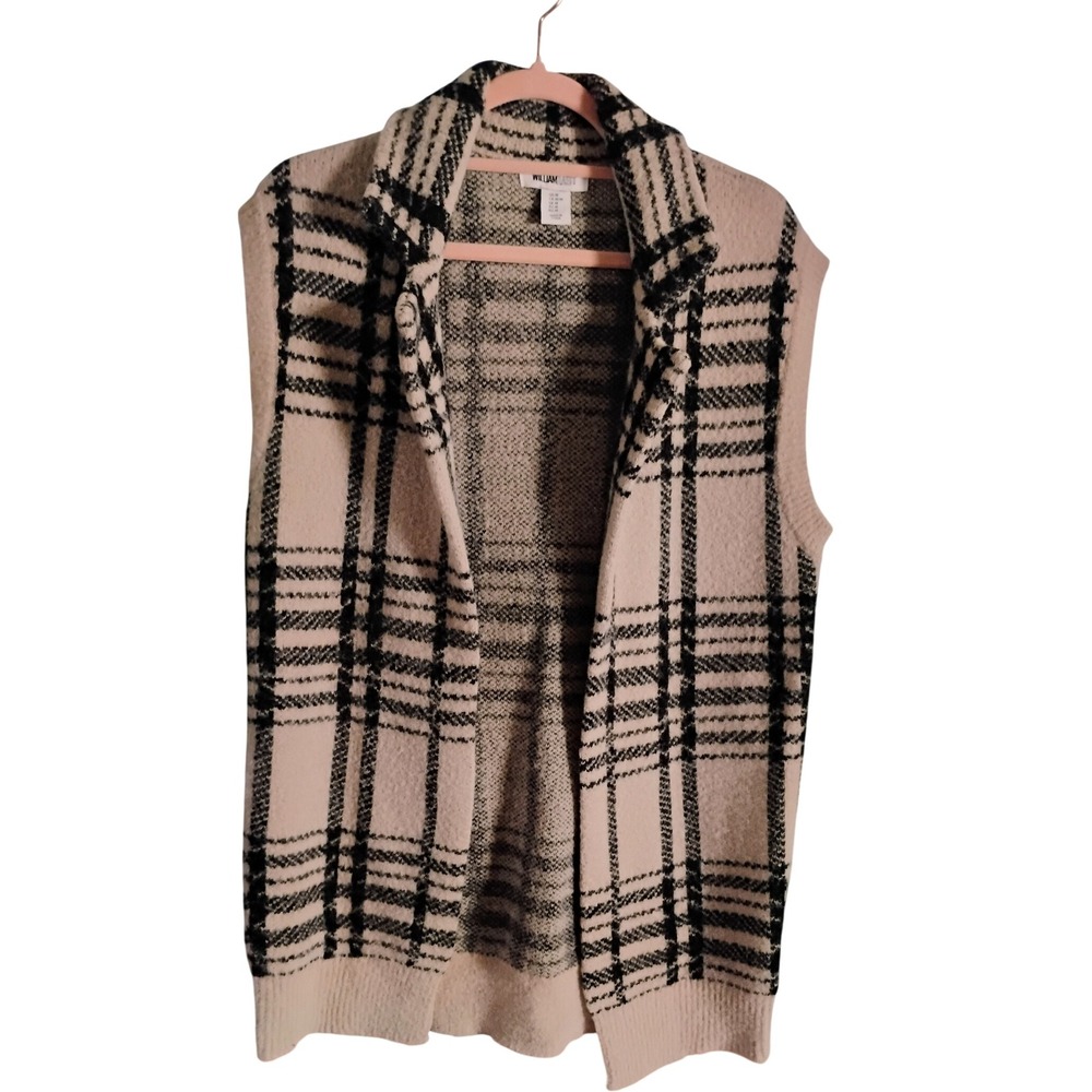 William Rast Plaid Sweater Vest Sleeveless Knit Cardigan Open Front M